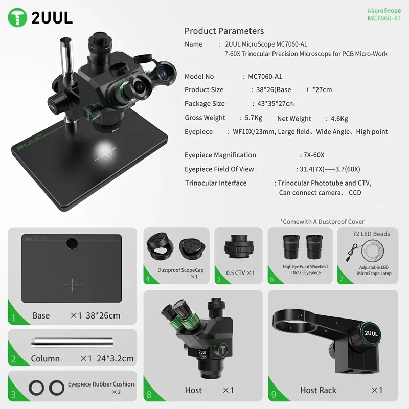 2UUL MC7060-A1 7-60X Microscope + Lens 0.5